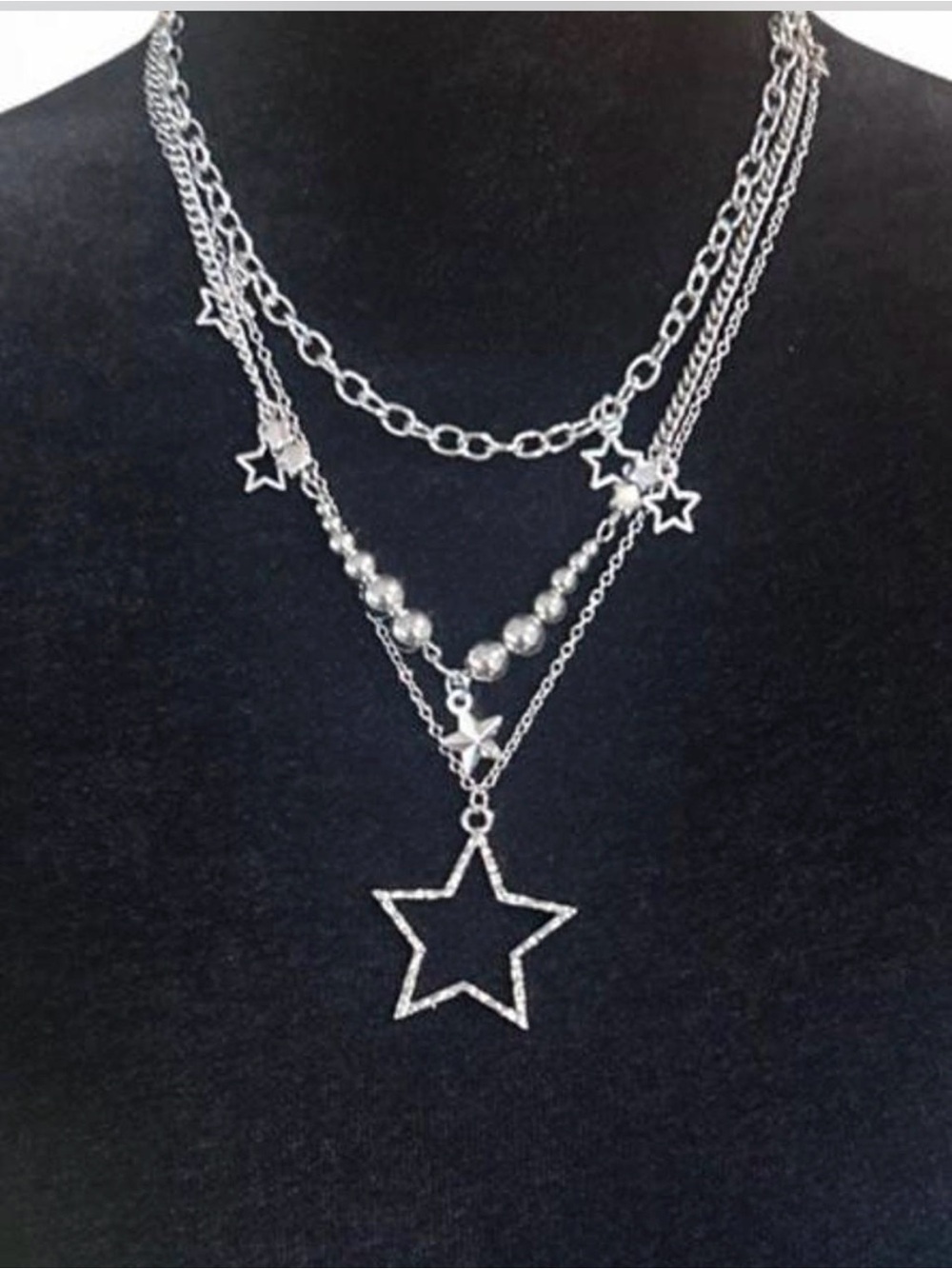 Layered Silver Tone Link Chain Star Charm Pendant Necklace Adjustable Lobster